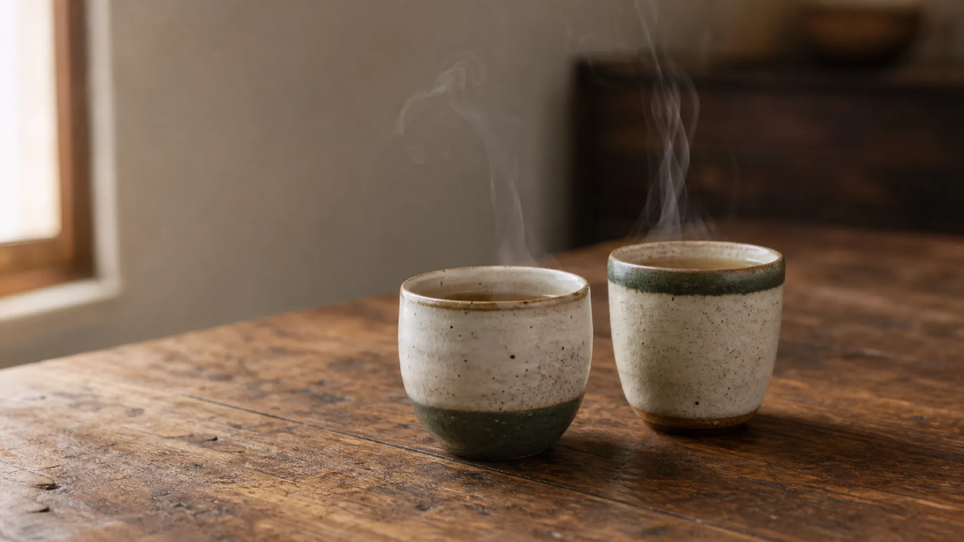Two ceramic cups on a wooden table, ready for a good conversation